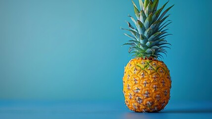    a pineapple on a blue background, set against a white wall