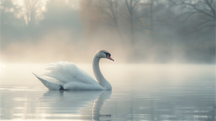 Swan on Misty Waters at Dawn