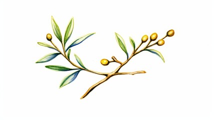 Delicate and refined watercolor painting of mistletoe with gold highlights, isolated on white, creating a stunning visual