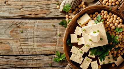 a rustic wood background, showcasing nutritious options like soy-based foods and tofu, ideal for...