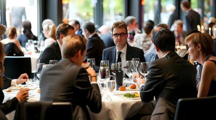 Colleagues networking at a formal business dinner - Powered by Adobe