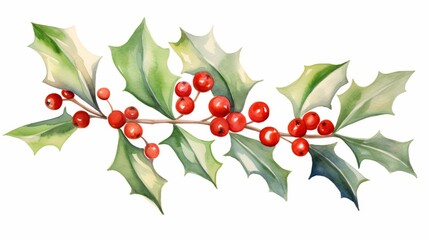 Fototapeta premium Detailed watercolor painting of holly berries on a stark white background, showcasing subtle gradients and delicate brush strokes, suitable for creative art projects