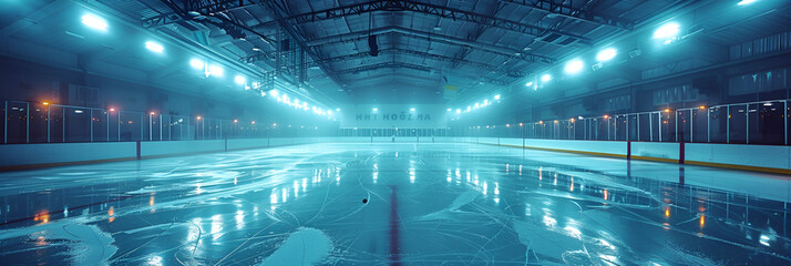 Hockey Ice Rink and Goal ,
Ice hockey arena with lights and fog 3d rendering toned image