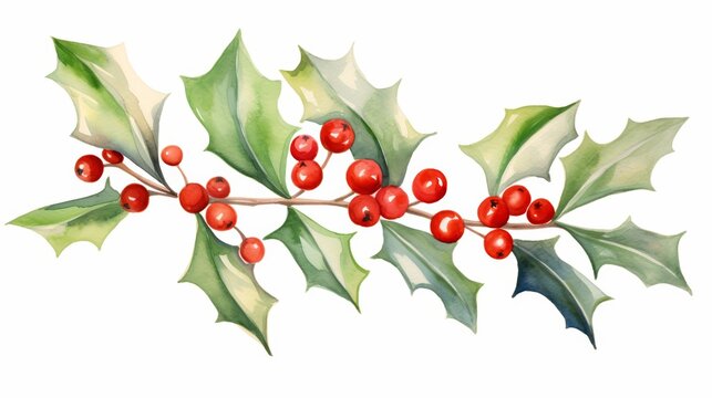 Detailed watercolor painting of holly berries on a stark white background, showcasing subtle gradients and delicate brush strokes, suitable for creative art projects