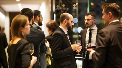 Colleagues networking at a formal business dinner