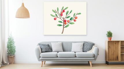 Minimalist watercolor artwork of holly berries, isolated on white canvas, emphasizing the contrast between the vivid berries and the untouched background