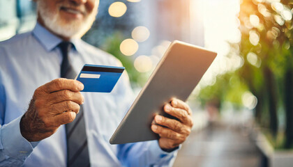 Elderly businessman's hand holding digital tablet and credit card, symbolizing modern senior entrepreneurship