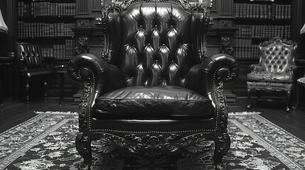   Black-and-white image of a chair in a room with bookshelves and a rug on the floor