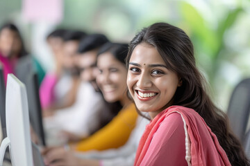 side view of woman smiling while working at office