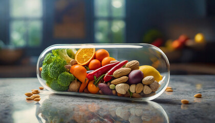 glass pill-shaped capsule filled with assorted fruits, vegetables, nuts, and beans rests on an empty kitchen counter