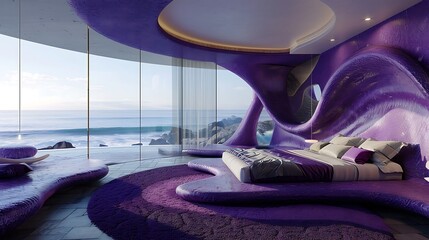 a purple bedroom design that harmonizes the tranquility of ocean waves with the vibrant energy of...