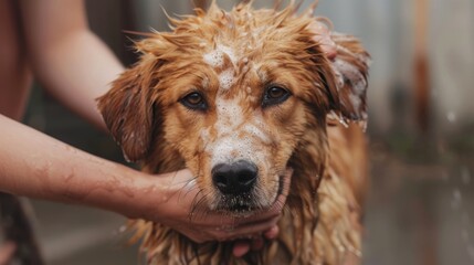 Close-up of a calm dog being bathed outdoors, with a focus on the caring hands and the wet fur.