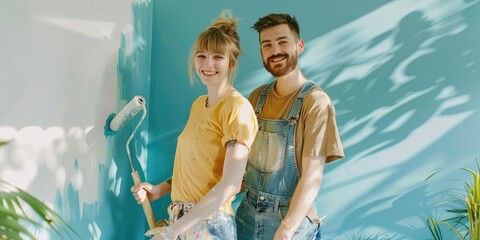 A young couple painting a wall in their appartment, DIY home inprovement