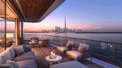 Obraz premium a modern penthouse with panoramic views of a glittering city skyline or a pristine yacht sailing on tranquil waters.