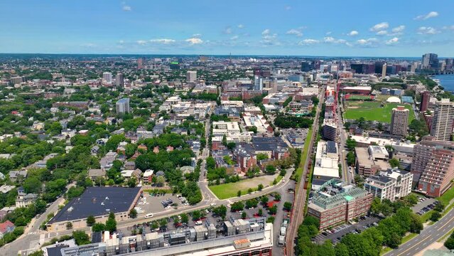 Aerial view of Cambridge on the left and Boston Back Bay on the right connected by Harvard Bridge across Charles River, Boston, Massachusetts MA, USA. 