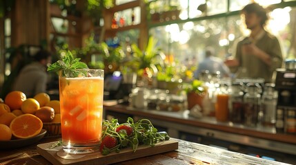   A glass of orange juice rests atop a wooden table, alongside a platter of oranges and strawberries