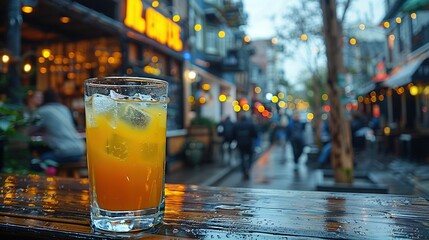   An orange juice glass on a table near a storefront with passersby