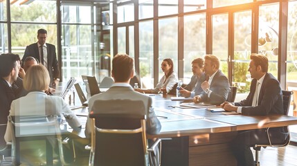 Obraz premium Corporate leaders meeting in a boardroom to discuss quarterly goals