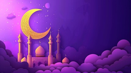 a Ramadan Kareem Sale Banner or Voucher Template featuring a Golden Crescent Moon, 3D Paper-cut Clouds, and the outline of a Mosque against a Violet Night Sky