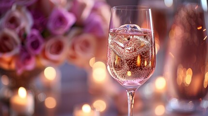   A close-up image of a wine glass on a table surrounded by a vase of flowers and candles in the background