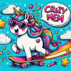Cartoon unicorn riding a skateboard