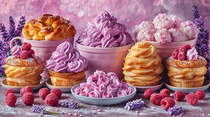   A table topped with numerous cupcakes and muffins, adorned with luscious frosting and vibrant raspberries