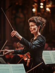 An elegant orchestra conductor woman leads with intensity and passion during a concert, using a baton in a well-lit theater.