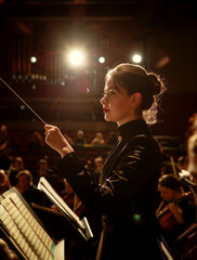 An elegant orchestra conductor woman leads with intensity and passion during a concert, using a baton in a well-lit theater.