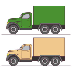 Delivery van and cardboard box.Shipping transport.Cargo truck.Vector illustration.Isolated on a white background.Vehicle front view. Vehicle side view.