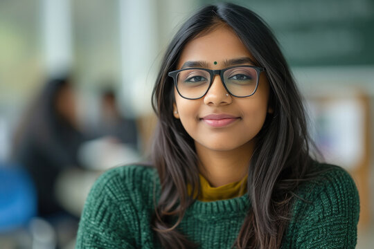 Young indian woman in green color sweater and eyeglasses. - Powered by Adobe