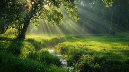 Beautiful meadow with rays of sunlight shining through the trees