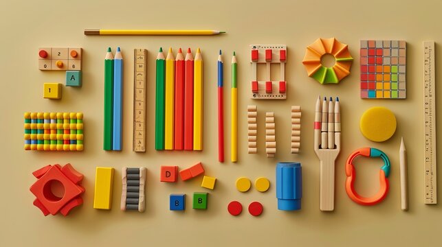 A conceptual image of wooden toy blocks, pencils, and other school supplies arranged to represent math fractions, set against a beige background, emphasizing an educational theme