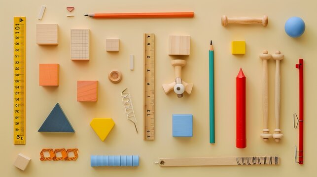 A conceptual image of wooden toy blocks, pencils, and other school supplies arranged to represent math fractions, set against a beige background, emphasizing an educational theme