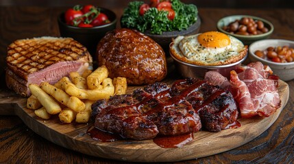   Wooden platter filled with diverse spread of eggs, meat, waffles + other delights