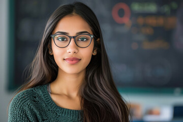 Young indian woman in green color sweater and eyeglasses.