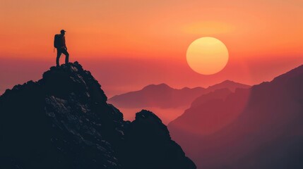 Mountain climber triumphs at summit under majestic sunset in breathtaking achievement