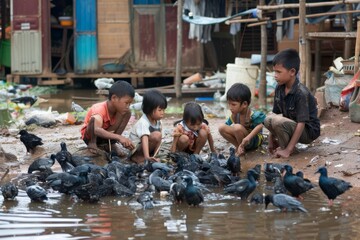Children feed pigeons in the river.