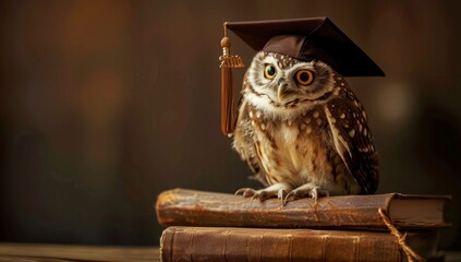 Owl with graduation cap sitting on old book, dark brown background