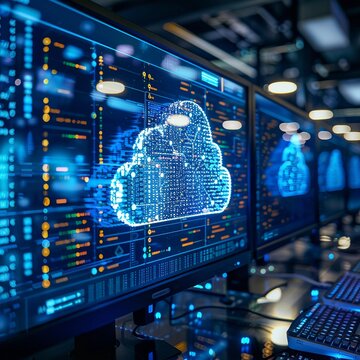 Advanced security operations center monitoring vast cloud networks, data flowing between secure servers , high resolution