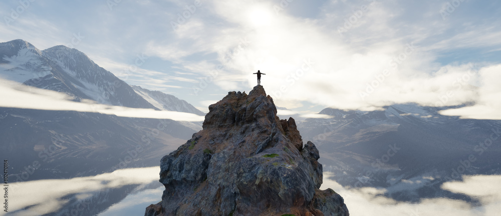 Wall mural adult adventurous woman standing on top of a snow peak. mountain adventure artwork