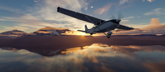 Single Engine Airplane flying over dramatic mountain landscape at sunset. 3d Rendering