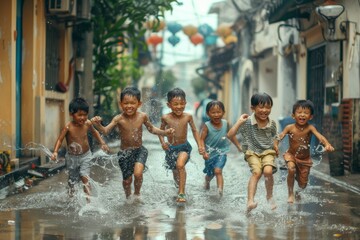 Happy Asian children jumping in a puddle on a rainy day. - Powered by Adobe