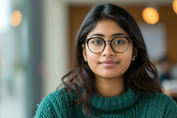Young indian woman in green color sweater and eyeglasses.