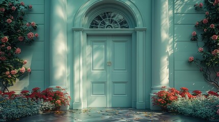   A blue door with pink flowers and green surroundings faces a blue building with a clock on the door's side - Powered by Adobe