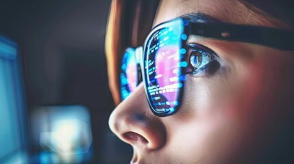 Woman in glasses in which some data is reflected luminous data. The concept of focus in work. A programmer is studying the code.