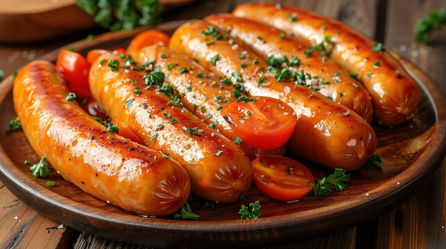   A plate of hotdogs, with tomatoes and parsley on top of hot dog buns
