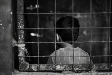 A boy is sitting in a cage with a metal fence