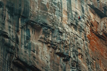 A rock climber is scaling a large rock face