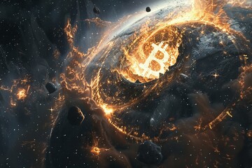 A fiery explosion in space with a large B in the middle