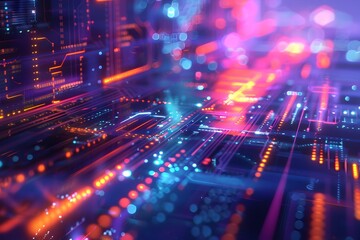 Obraz premium Abstract background with digital and geometric shapes, blue neon light effects, closeup of dark patterned surfaces, hightech atmosphere, tech illustration, 3D rendering